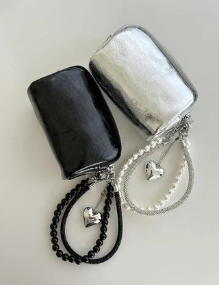Keyholder Double-row Cubic Pearl Heart Strap Bag Keyring