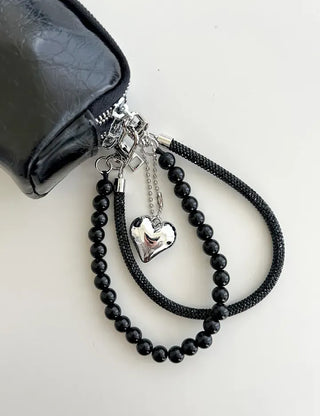 Keyholder Double-row Cubic Pearl Heart Strap Bag Keyring