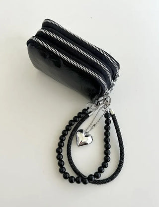 Keyholder Double-row Cubic Pearl Heart Strap Bag Keyring