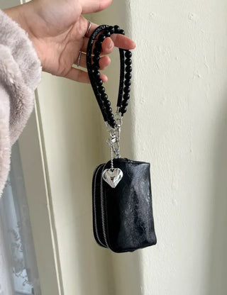 Keyholder Double-row Cubic Pearl Heart Strap Bag Keyring