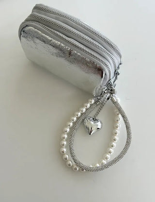 Keyholder Double-row Cubic Pearl Heart Strap Bag Keyring