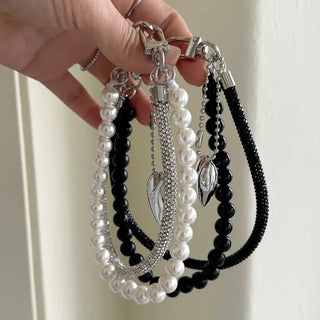 Keyholder Double-row Cubic Pearl Heart Strap Bag Keyring