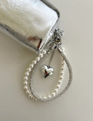 Keyholder Double-row Cubic Pearl Heart Strap Bag Keyring