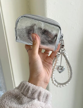 Keyholder Double-row Cubic Pearl Heart Strap Bag Keyring