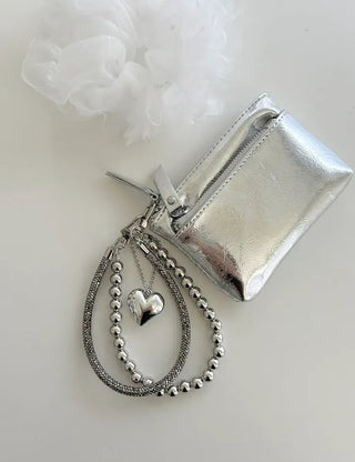 Keyholder Double-row Cubic Pearl Heart Strap Bag Keyring