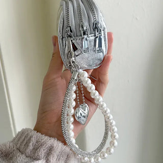 Keyholder Double-row Cubic Pearl Heart Strap Bag Keyring
