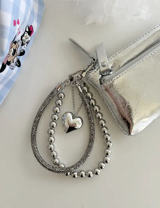 Keyholder Double-row Cubic Pearl Heart Strap Bag Keyring