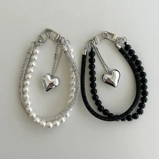 Keyholder Double-row Cubic Pearl Heart Strap Bag Keyring