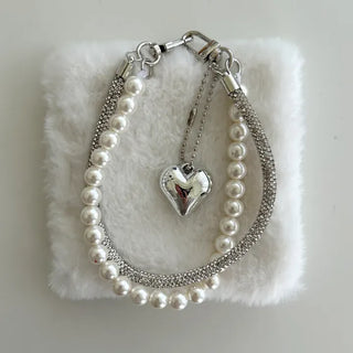 Keyholder Double-row Cubic Pearl Heart Strap Bag Keyring