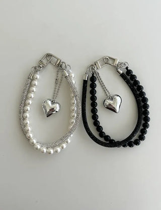 Keyholder Double-row Cubic Pearl Heart Strap Bag Keyring