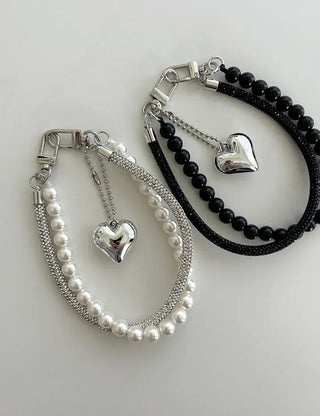 Keyholder Double-row Cubic Pearl Heart Strap Bag Keyring