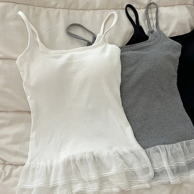 Built-in cup lace sleeveless layered summer ribbed