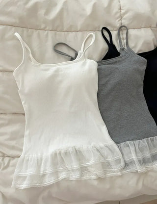 Built-in cup lace sleeveless layered summer ribbed
