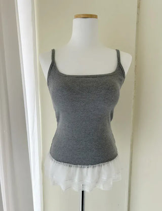 Built-in cup lace sleeveless layered summer ribbed