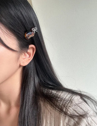 Silver Ribbon Formica Heart Mini Claw Hairpin