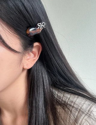 Silver Ribbon Formica Heart Mini Claw Hairpin