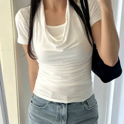 Drape Halterneck Sleeveless T-shirt Short Sleeve Set