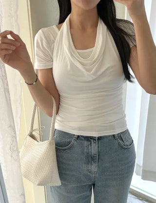 Drape Halterneck Sleeveless T-shirt Short Sleeve Set