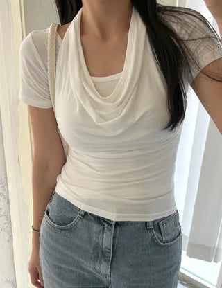 Drape Halterneck Sleeveless T-shirt Short Sleeve Set