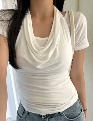 Drape Halterneck Sleeveless T-shirt Short Sleeve Set