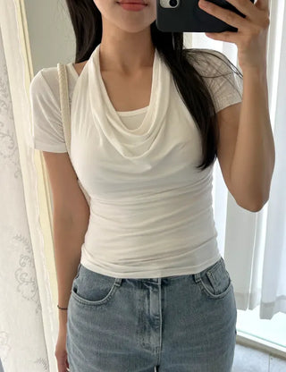Drape Halterneck Sleeveless T-shirt Short Sleeve Set
