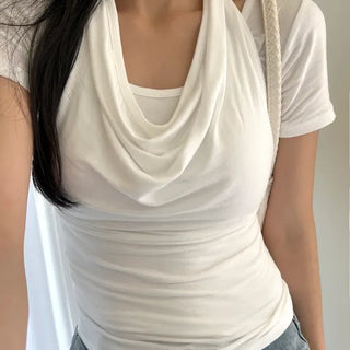 Drape Halterneck Sleeveless T-shirt Short Sleeve Set