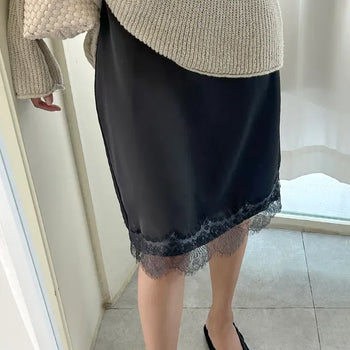 Lace skirt, midi satin skirt, elastic waistband, wedding guest look
