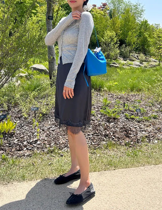 Lace skirt, midi satin skirt, elastic waistband, wedding guest look