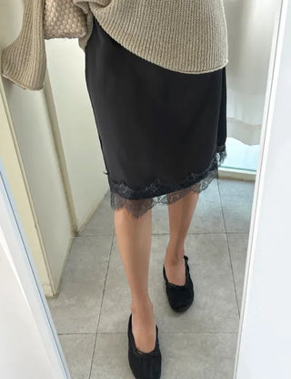 Lace skirt, midi satin skirt, elastic waistband, wedding guest look