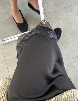 Lace skirt, midi satin skirt, elastic waistband, wedding guest look