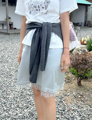 Lace skirt, midi satin skirt, elastic waistband, wedding guest look