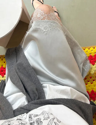 Lace skirt, midi satin skirt, elastic waistband, wedding guest look