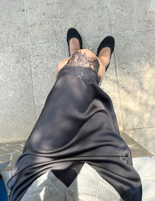 Lace skirt, midi satin skirt, elastic waistband, wedding guest look