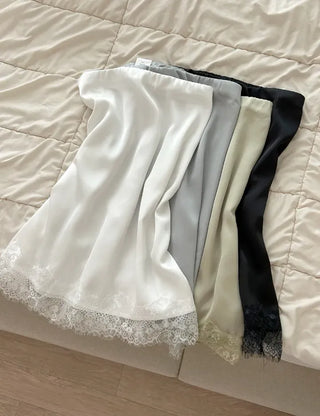 Lace skirt, midi satin skirt, elastic waistband, wedding guest look