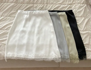Lace skirt, midi satin skirt, elastic waistband, wedding guest look