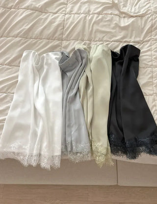Lace skirt, midi satin skirt, elastic waistband, wedding guest look