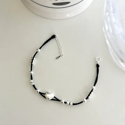 925 Silver Bracelet Heart Silver Ball String Black Bracelet