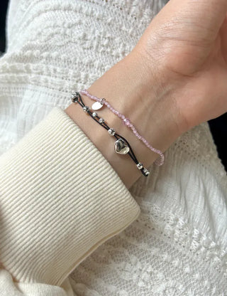 925 Silver Bracelet Heart Silver Ball String Black Bracelet