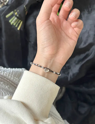 925 Silver Bracelet Heart Silver Ball String Black Bracelet