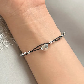 925 Silver Bracelet Heart Silver Ball String Black Bracelet