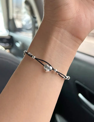 925 Silver Bracelet Heart Silver Ball String Black Bracelet