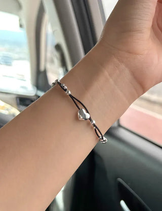 925 Silver Bracelet Heart Silver Ball String Black Bracelet