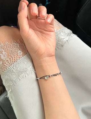 925 Silver Bracelet Heart Silver Ball String Black Bracelet