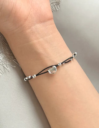 925 Silver Bracelet Heart Silver Ball String Black Bracelet