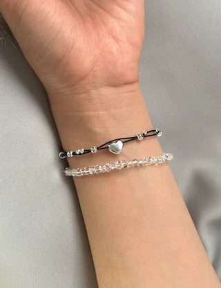 925 Silver Bracelet Heart Silver Ball String Black Bracelet