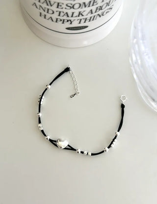 925 Silver Bracelet Heart Silver Ball String Black Bracelet