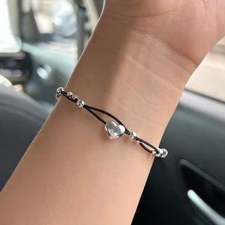925 Silver Bracelet Heart Silver Ball String Black Bracelet
