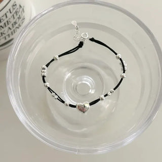 925 Silver Bracelet Heart Silver Ball String Black Bracelet