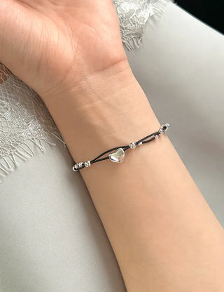 925 Silver Bracelet Heart Silver Ball String Black Bracelet