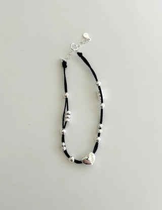 925 Silver Bracelet Heart Silver Ball String Black Bracelet